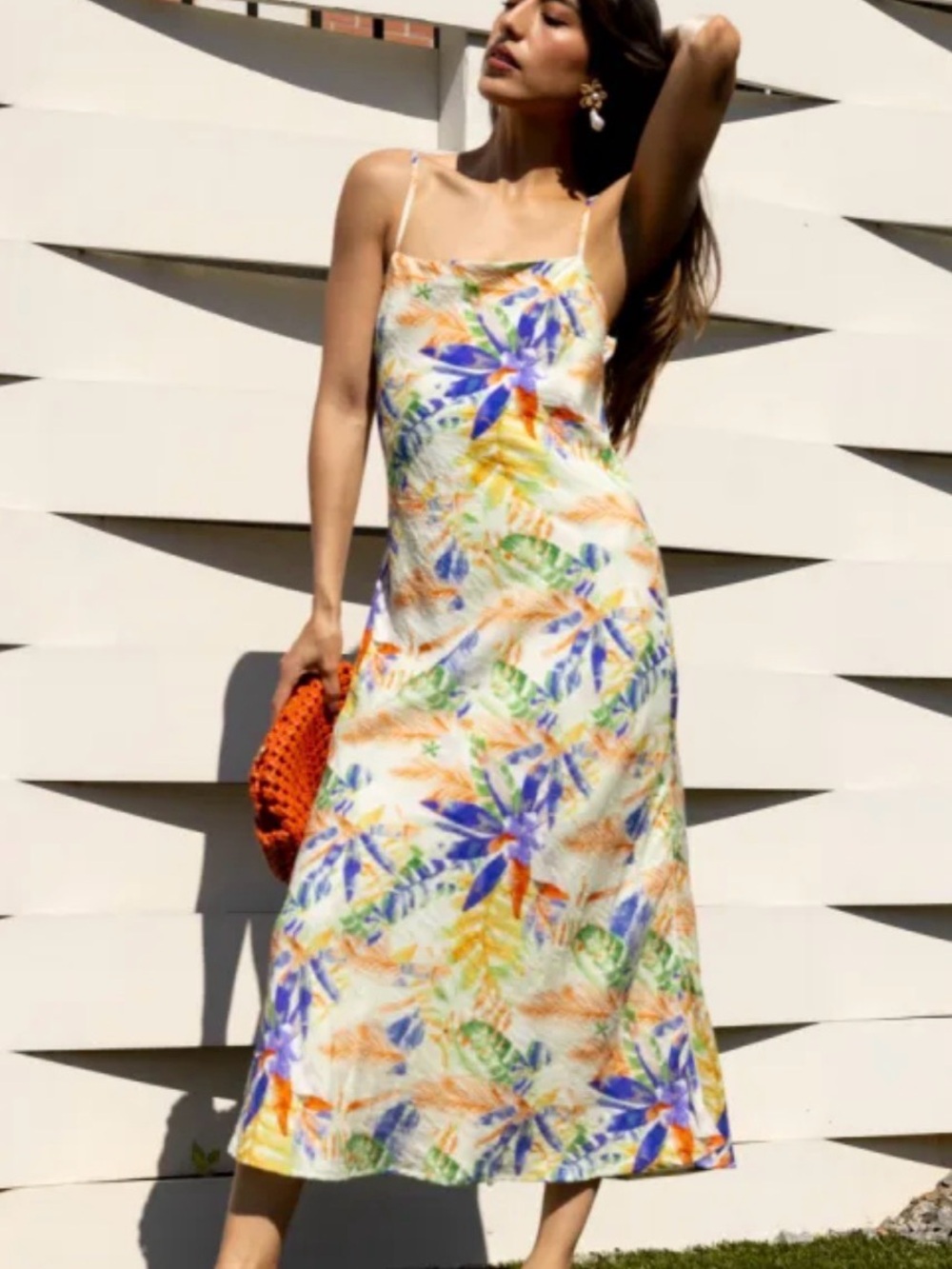 Storia Floral Slip Midi Dress in White with Blue & Orange Print Size Small NWT
